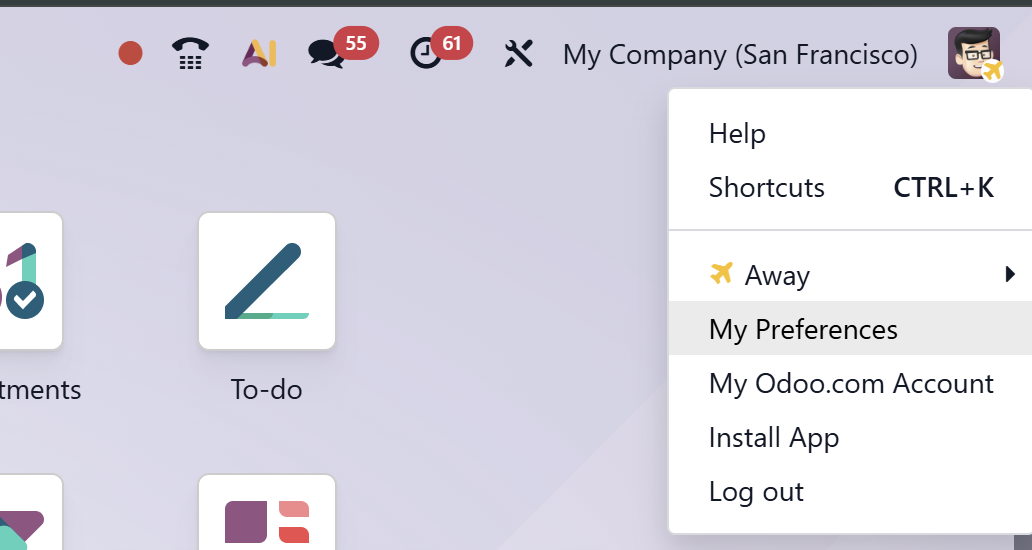 Odoo user menu with My Preferences
