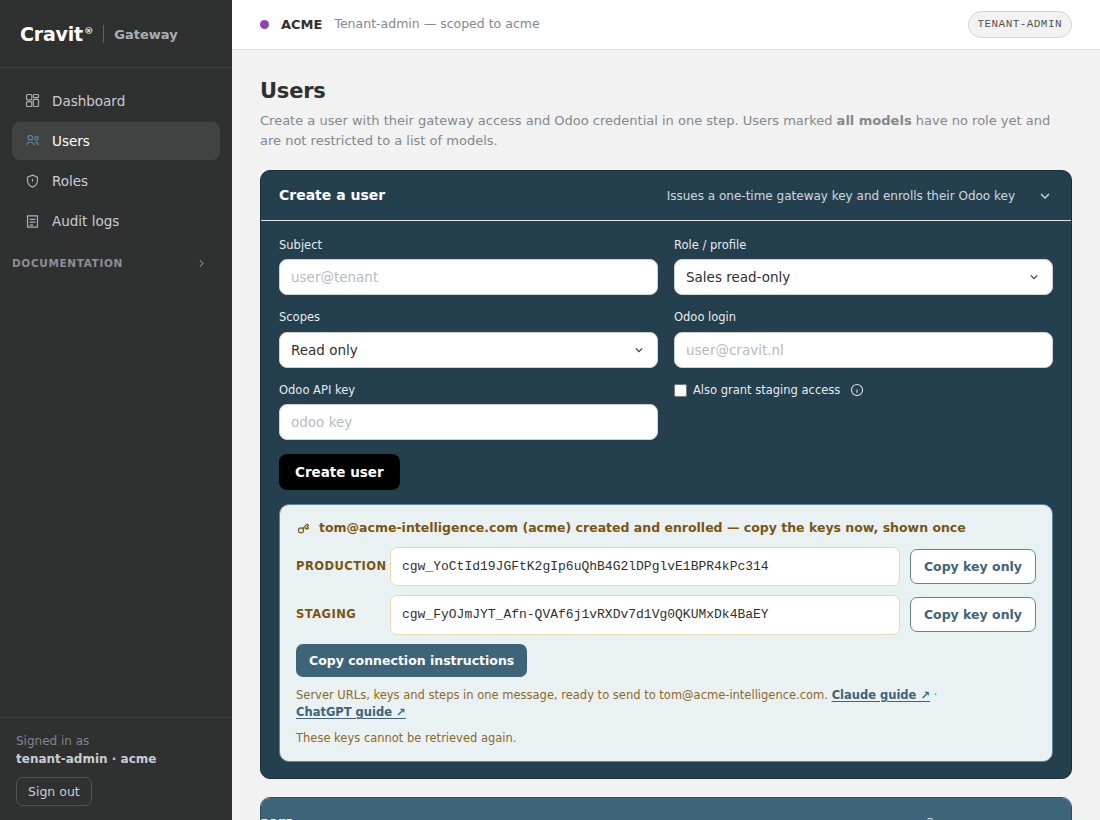 Gateway key shown once after creating a user