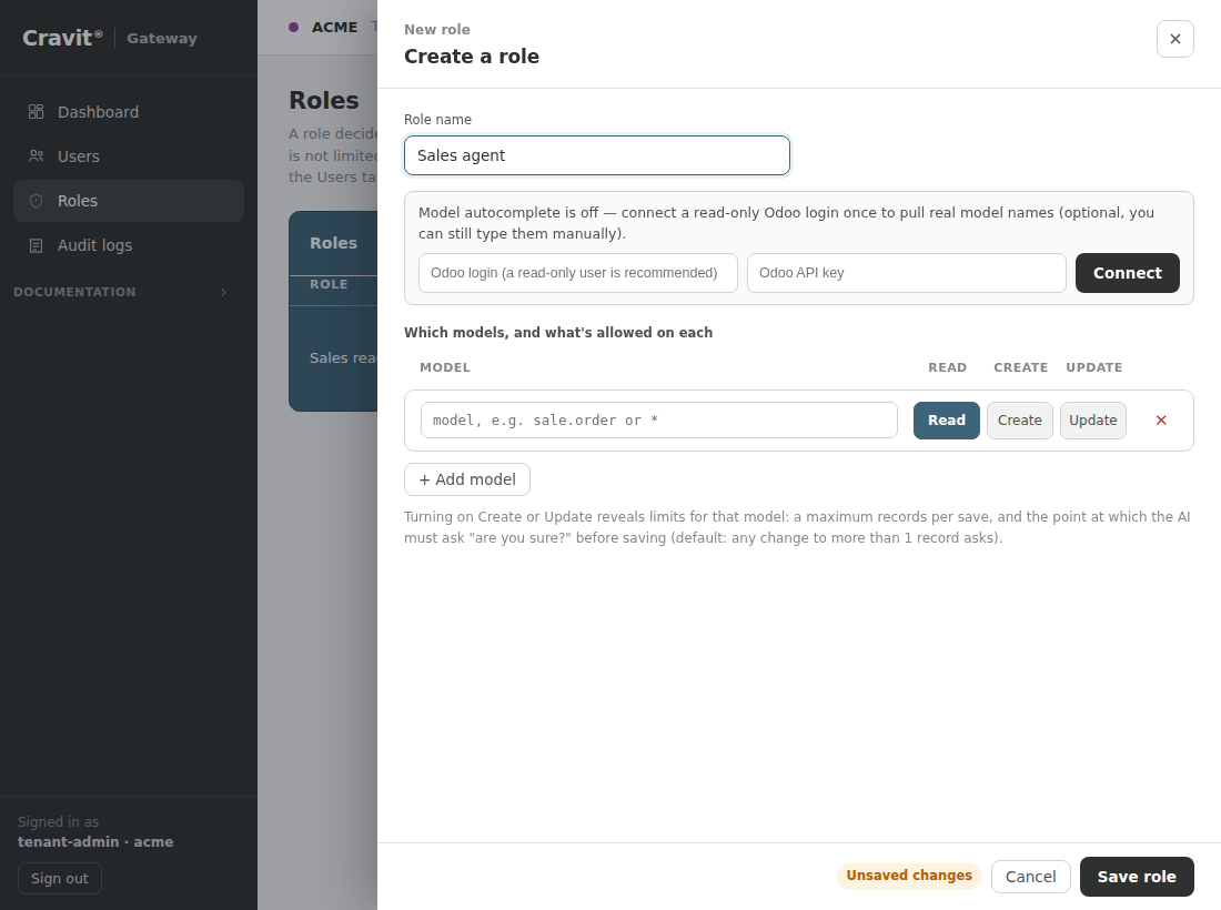 Role editor opened beside the roles list